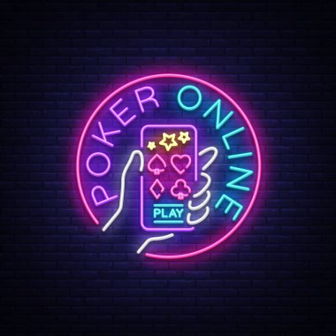 Online Poker logo neon tarzı. Senin elinde bir smartphone şablonu tasarlayın. Neon tabela, ışık afiş, gece neon billboard, parlak ışık reklam kumar, casino, poker. Vektör çizim