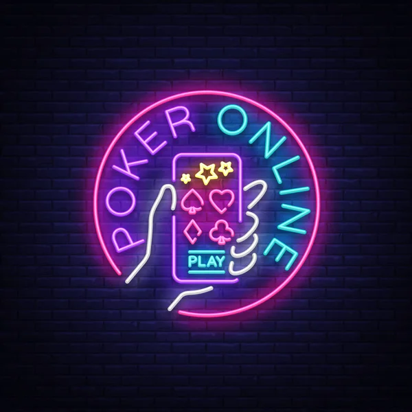 Online Poker-logotypen i neon stil. Designa en smartphone mall i händerna. Neonskylt, ljus banner, natt neon skylt, ljusa lätta reklam spel, casino, poker. Vektorillustration — Stock vektor