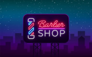 Vektör logo neon işareti Kuaför Salonu tasarımınız için. Bir etiket, bir işaret, bir işaret ya da bir reklam için. Hipster adam, Kuaför Logo. Neon billboard, parlak işareti, ışıklı afiş. Vektör Billboard