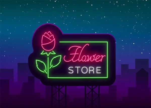花店 logo, 霓虹灯标牌。花店。矢量插图的主题卖花。霓虹灯横幅, 生动的广告花, 夜标志。广告 — 图库矢量图片