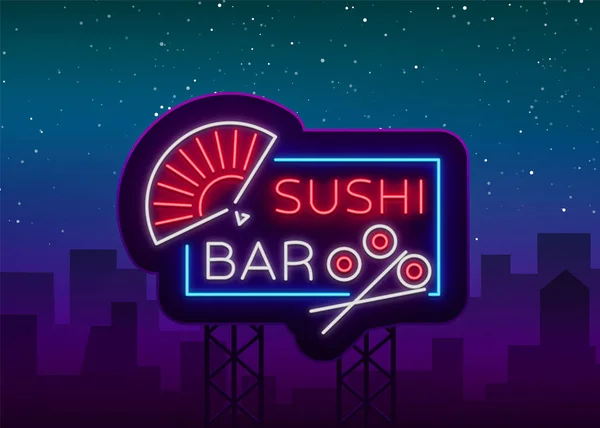 Vector neon teken logo Sushi bar, Asian fastfood straat in een bar of winkel, sushi, Onigiri met een zalm roll met stokjes, geïsoleerd. Nacht Sashis heldere, lichtgevende reclame, neon bobbler seafood — Stockvector