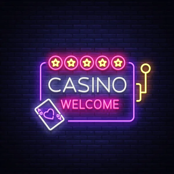 Casino logo Welkom in neon stijl. Ontwerpsjabloon. Lichtreclame, lichte banner, nacht neon billboard, helder licht reclame gokken, casino, poker, slotmachines. Vectorillustratie — Stockvector