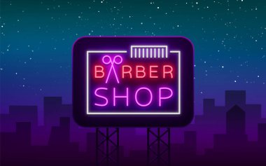 Berber Dükkanı logo neon tabela, logo tasarım öğeleri. Logolar, etiketleri kartları için bir üstbilgi veya şablon olarak kullanılabilir. Neon tabela, Kuaförlük reklam parlak aydınlatma. Vektör çizim. Billboard