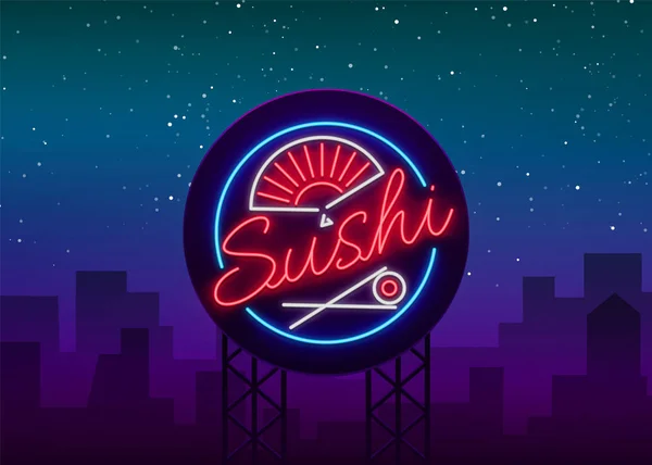 Het logo van de Sushi met neon stijl. Heldere lichtreclame met tekst is geïsoleerd. Zeevruchten, Japans eten. Heldere billboard billboard, Japans eten sushi bar restaurant reclame. Vectorillustratie — Stockvector