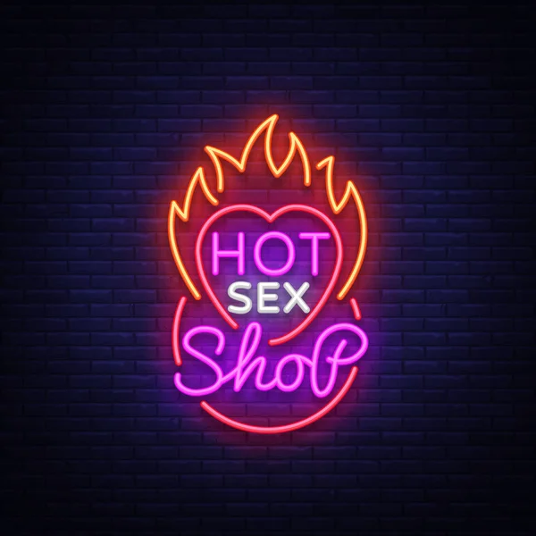 Logo de la tienda de sexo en estilo neón. Patrón de diseño, Hot Sex Shop signo de neón, bandera de luz sobre el tema de la industria del sexo, publicidad de neón brillante para sus proyectos. Ilustración vectorial — Vector de stock