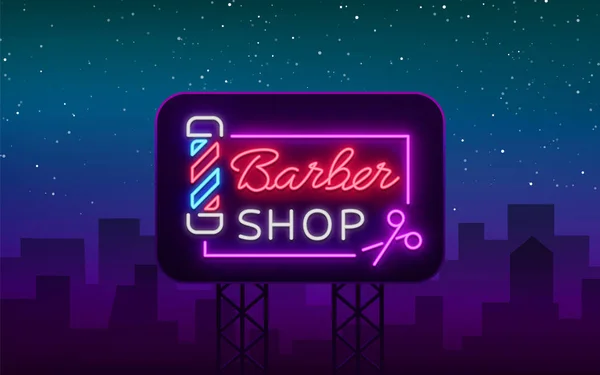 Barber shop logo néon signe, éléments de conception de logo. Peut être utilisé comme en-tête ou modèle pour les logos, les cartes d'étiquettes. Panneau au néon, Lumineux éclairage Publicité Coiffure. Illustration vectorielle. Panneau publicitaire — Image vectorielle