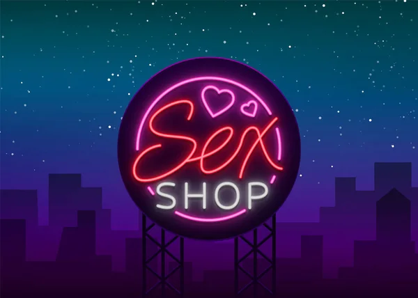 Sexshop-Logo, Emblem im Neon-Stil. Neon-Effekt, Lebensmittelgeschäft, intime Gegenstände. Vektorillustration. helle Nacht Banner, Leuchtreklame, Nacht Sex Werbung Shop — Stockvektor