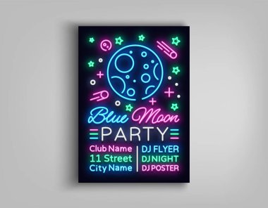 Gece parti poster tasarım şablonu neon tarzı. Mavi ay gece parti neon tabela, ışık afiş, el ilanı parlak gece hayatı reklam, yeni yıl eğlencesi daveti, gece kulübü, konser, disko. Vektör çizim