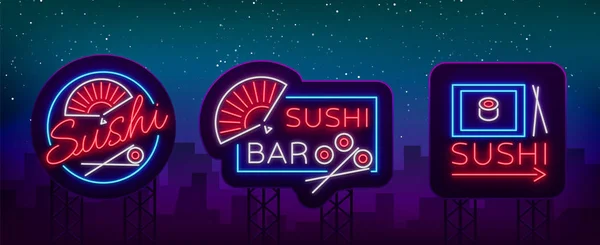 Ensemble de logos, panneaux de style néon sur les sushis, la nourriture japonaise, les fruits de mer. Une collection d'enseignes lumineuses, annonçant un bar-restaurant de sushis japonais. Illustration vectorielle — Image vectorielle