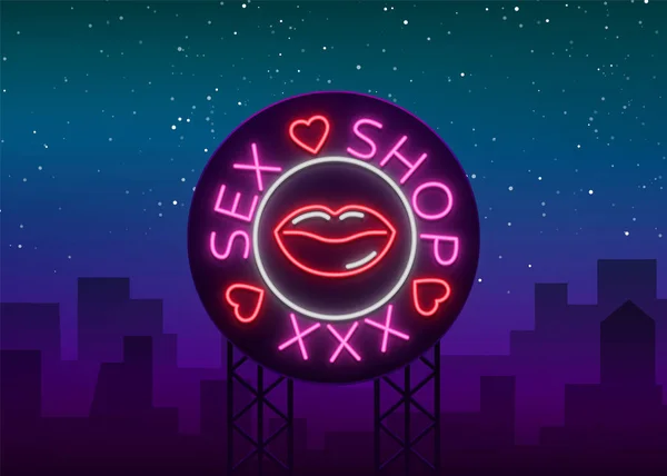 Logo de la tienda de sexo, emblema en estilo neón. Efecto neón, tienda de comestibles, artículos íntimos. Ilustración vectorial. Banner de noche brillante, signo luminoso, tienda de publicidad sexual nocturna — Archivo Imágenes Vectoriales