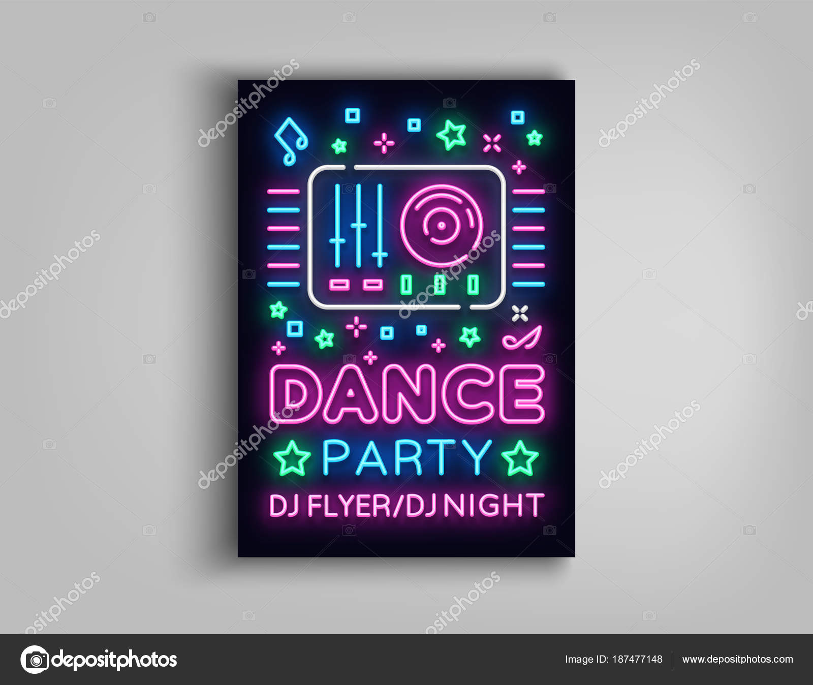 Dance party poster design template in neon Night party DJ - Main Image