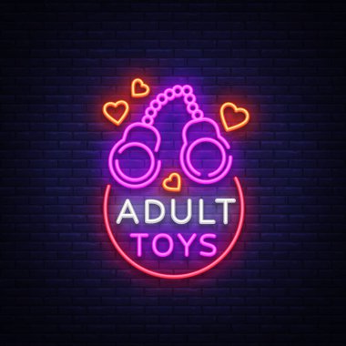 Yetişkin oyuncakları logo neon tarzı. Tasarım şablonu, dükkanı neon işaret seks, seks endüstrisi, canlı neon reklam projeleriniz için konulu afiş ışık. Vektör çizim