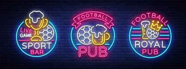 Spor bar neon tarzı logoları koleksiyonu. Neon işaret, futbol fan club, ışık afiş etiket bira ve futbol topu veya canlı oyun turnuvaları veya Şampiyonası takım için kase ayarlayın. Vektör çizim — Stok Vektör