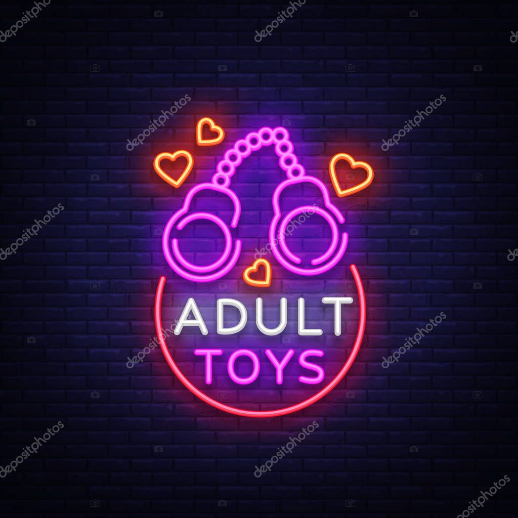 Adult toys logo in neon style. Design template, sex shop neon signs, light banner on the theme of the sex industry, vivid neon ad for your projects. Vector illustration.