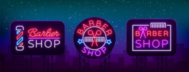 Vektör toplama logolar neon işareti Kuaför Salonu tasarımınız için. Bir etiket, bir işaret, bir işaret ya da bir reklam için. Hipster adam, Kuaför Logo. Neon Pano, brightsign, ışıklı afiş. Billboard