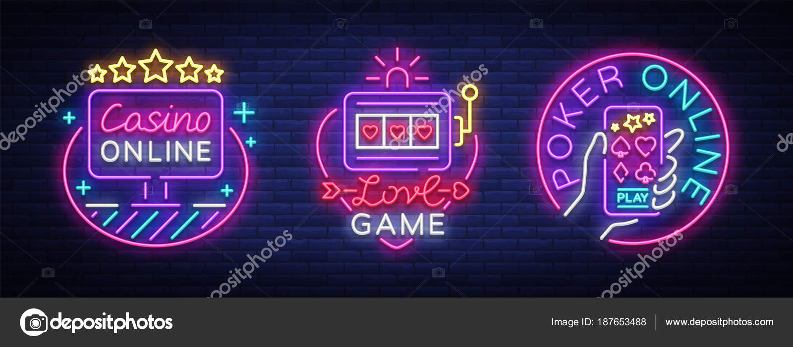 赌场收集的霓虹灯标志。设计模板的霓虹灯风格。老虎机, 扑克在线明亮的标志字符, 中奖, 网络横幅, 夜间赌场广告。矢量插图图库矢量图©Soifer  187653488