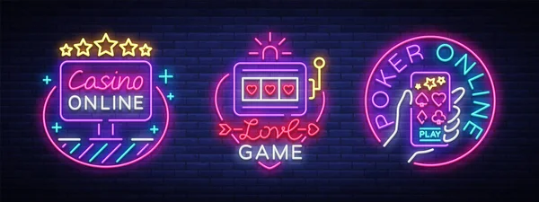 Casino samling av neonskyltar. Formgivningsmallen i neon stil. Enarmade banditer, Poker Online ljusa Logo karaktär, vinna jackpotten, Web Banner, nattliga Casino reklam. Vektorillustration — Stock vektor