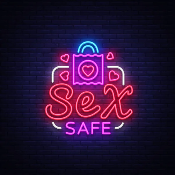 Güvenli seks tasarım şablonu. Güvenli seks prezervatif kavramı neon tarzı yetişkinler için. Neon işareti, öğenin tasarım, dijital projeler. Samimi mağaza. Parlak gece reklam. Vektör çizim — Stok Vektör