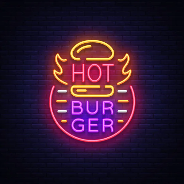 Hot Burger neon sign. Fastfood burger sandwich neon style logo, bright banner, design template, night neon advertising for dining, cafe, restaurant, snack bar, street food. Vector Illustrations — Stock Vector