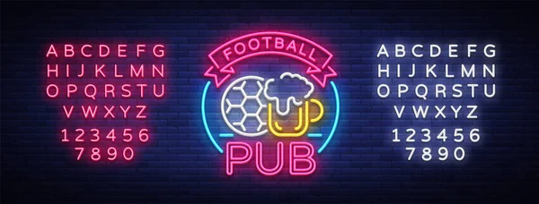 Fotballpubens neonskilt. Design Pattern Sport Bar Logo i Neon Style, Light Banner, Bright Night Bar Reklame, Design Element. Levende fotball. Vektorillustrasjon. Redigere tekst neonskilt – stockvektor