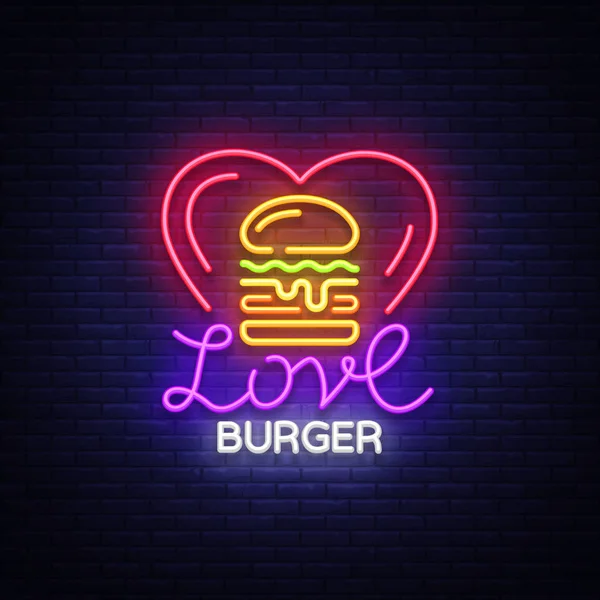 Vektor logo burger. Cinta burger, desain templat lambang ringan, burger street food neon sign, spanduk ringan, malam neon iklan makanan cepat saji, desain papan iklan elemen sandwich - Stok Vektor