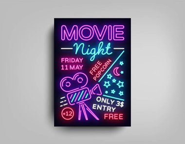 Film gece poster tasarım şablonu neon tarzı. Neon tabela, afiş, parlak el ilanı, tasarım kartpostal, tanıtım broşürü, Neon gece sinema reklam, gece oturum ışık. Vektör çizimler