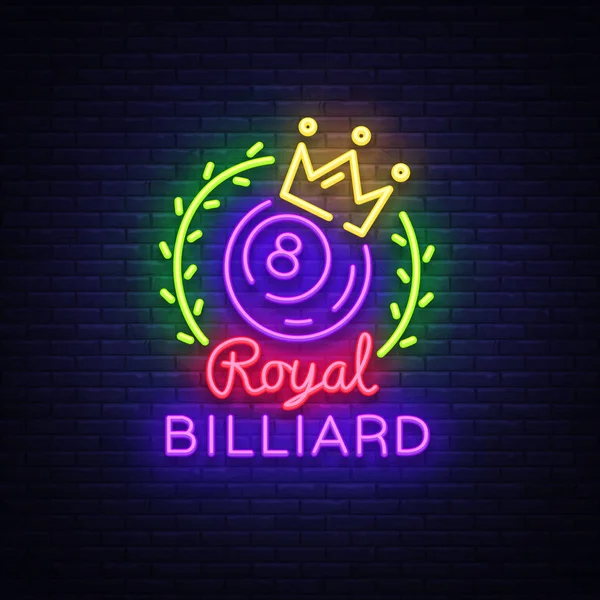 Billard-Leuchtreklame. königliches Billard-Logo im Neon-Stil, Lichtbanner, Design-Vorlage Emblem Nachtbillard, helle Nachtleben Werbung, Design-Element für Ihre Projekte. Vektorillustration — Stockvektor