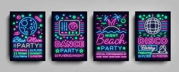 Nightclub fél plakátok gyűjteménye. Este fél, neonreklám, neon jel szórólap, disco labdát, zenei éjszaka a reklámplakát, fényes neon reklám, koncert, diszkó, fesztivál. Vektor illusztrációk — Stock Vector