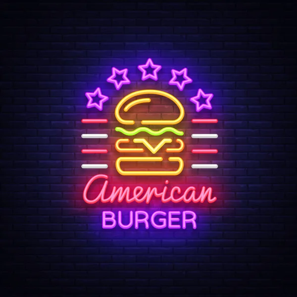 Burger logotypen vektor. Amerikanska burgare, design mall ljus emblem, burger gata mat neonskylt, ljus banner, neon natt snabbmat reklam, billboard design element smörgås — Stock vektor