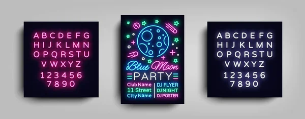 Natt part affisch formgivningsmall i neon stil. Blue moon natt part neonskylt, ljus banner, flyer nattliv annons, inbjudan, disco. Vektorillustration. Redigera text neonskylt — Stock vektor