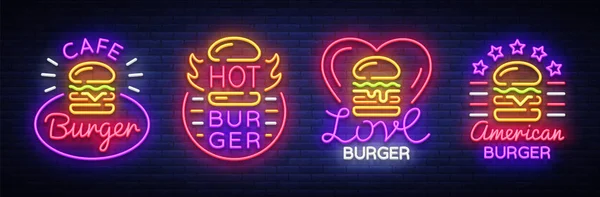 Burger Cafe set tanda-tanda neon. Fastfood burger sandwich koleksi logo dengan gaya neon, spanduk, desain templat, iklan malam untuk makan, restoran, snack bar, makanan jalanan. Vector Illustrations - Stok Vektor
