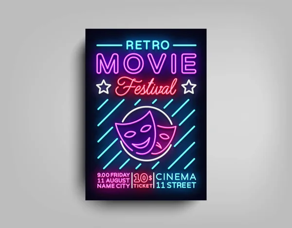 Retro Film Festiwal pocztówka Typografia design neon szablonu. Broszura w stylu neon, neonowy znak, kolorowy plakat, baner światło, noc jasne, reklama na filmy, kino. Ilustracje wektorowe — Wektor stockowy