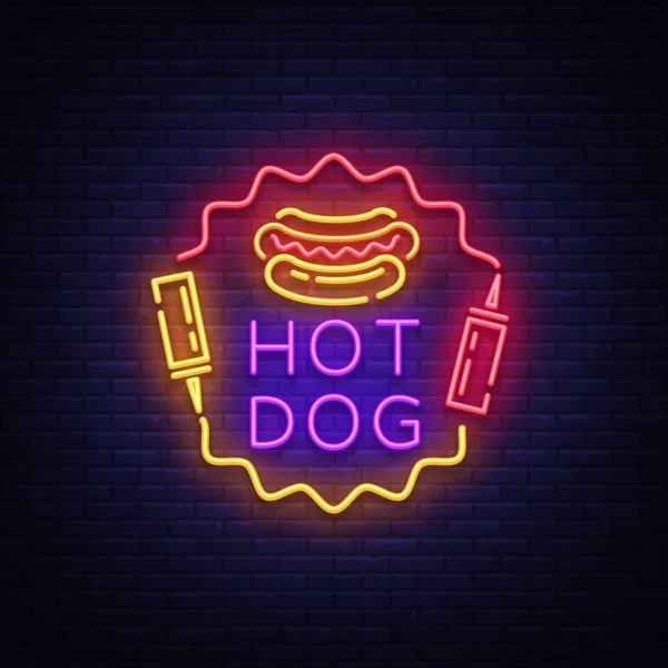 Vektor tanda Hot Dog neon. Logo hot dog dalam templat desain gaya neon, lambang malam neon, spanduk cahaya, papan nama terang, iklan malam yang terang tentang makanan cepat saji untuk kafe, restoran, bar camilan, bar - Stok Vektor