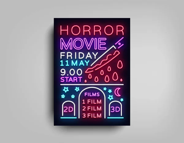 Horrorfilm Postkarte Typografie Design Neon-Vorlage. Broschüre im Stil Neon, Leuchtreklame, buntes Plakat, Banner Licht, Nacht helle Werbung auf Filmen, Kinonacht Sitzung. Vektorillustrationen — Stockvektor