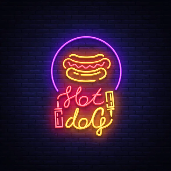 Hot dog logo in neon style design template. Hot dog neon signs, light banner, neon symbol fast food emblem, American food, bright night advertising. Vector illustration — Stock Vector