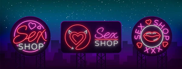 Logotipo da coleção Sex shop, sinal de noite em estilo neon. Sinal de néon, um símbolo para promoção de sex shop. Loja de adultos. Bright banner, publicidade nocturna. Ilustração vetorial —  Vetores de Stock