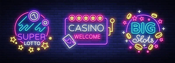 Casino-Logos im Neon-Stil. Designvorlage. Leuchtreklame Sammlung, Lichtbanner, Werbetafel, helles Licht Werbung Glücksspiel, Casino, Poker, Spielautomaten, Bingo-Lotto. Vektorillustration — Stockvektor