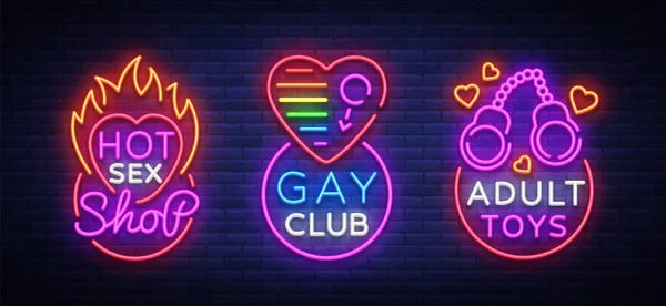 Sex shop set of logos in neon style. Neon sign collection, Gay club, Adult toys, Design template, Light banner on the theme of sex industry, Bright neon advertising. Vector illustration — Stock Vector