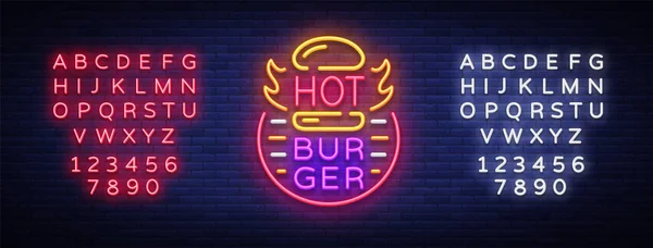 Horká Burger neonový nápis. Fastfood burger sendvič neon logo, banner, šablona návrhu, noční neonová reklama pro stravování, restaurace, snack bar, rychlé občerstvení. Vektorové ilustrace. Editace textu neonový nápis — Stockový vektor