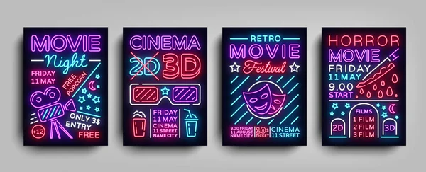 映画 3 d ポスター デザイン テンプレートがネオンのスタイルに。ネオンサイン光バナー、明るいチラシ、デザイン タイポグラフィはがき、パンフレット、映画館のネオン夜を広告を設定します。ベクトル イラスト — ストックベクタ