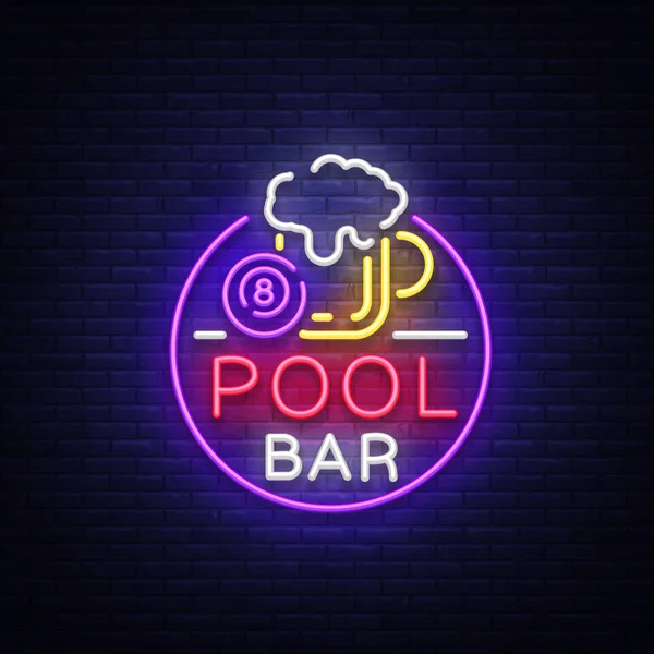 Pool bar-logotypen i neon stil. Neonskylt designmall för club, öl och biljard ljus banner, designelement, natt neon reklam, biljardrum, ljusa flyer. Vektorillustration — Stock vektor