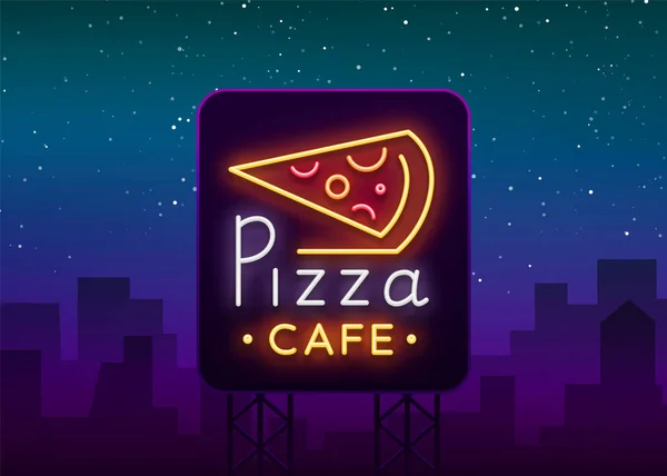 Logo de pizza en estilo neón. Signo de neón, emblema de la comida italiana. Café de pizza, restaurante, comida rápida, comedor, pizzería. Bright banner, noche brillante anuncio de pizza. Ilustración vectorial — Vector de stock