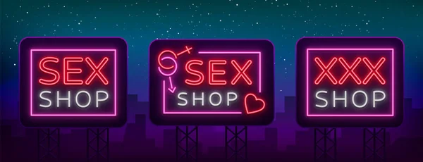 Conjunto de lojas de sexo de logotipos em estilo neon. Coleção de emblemas. Efeito néon, mercearia, itens íntimos. Ilustração vetorial. Banner de noite brilhante, sinal luminoso, loja de publicidade de sexo noturno —  Vetores de Stock