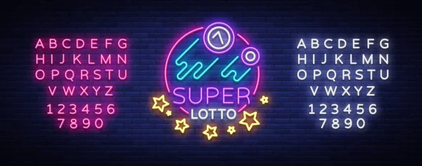 Signo de neón Super Loto. Lotería de bingo logotipo en un estilo de neón, símbolo brillante, lototrón, banner de neón, publicidad nocturna brillante para sus proyectos. Ilustraciones vectoriales. Edición de texto signo de neón — Vector de stock