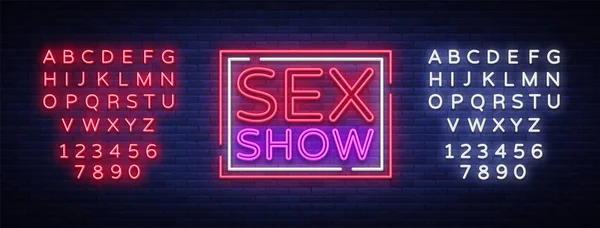 Sex show neon sign. Bright night banner in neon style, neon billboards for advertising sex shows, sex shop, intimate services, adult shows. Vector illustration. Editing text neon sign — Stock Vector