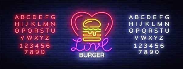 Burger logo vector. Love burger design template light emblem, burger street food neon sign, light banner, neon night fast food advertisement, billboard design element sandwich. Editing text neon sign — Stock Vector