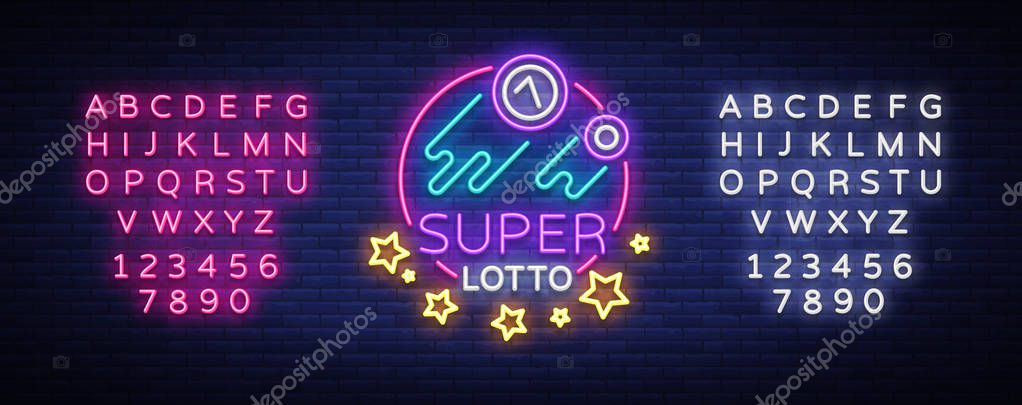 Super loto neon sign. Bingo lotto logo in a neon style, bright symbol, lototron, neon banner, bright night advertising for your projects. Vector Illustrations. Editing text neon sign.