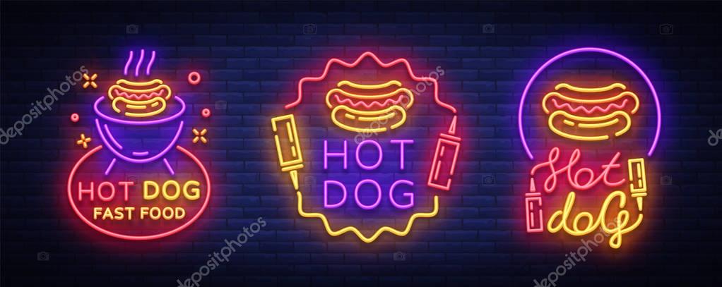 Hot dog collection neon signs vector. Hot dog set logos in neon style design template, night neon emblem, banner, bright signboard, night advertising of fast food for cafe, restaurant, snack bar, bar.