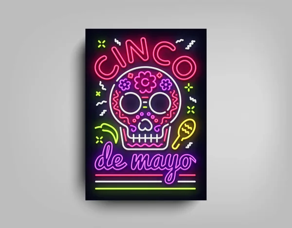 Sinco de Mayo poster design neon style template. Neon sign, bright light neon flyer, light banner, typography, Mexican holiday. Invitation to party, festival, celebration, fiesta. Vector illustration — Stock Vector