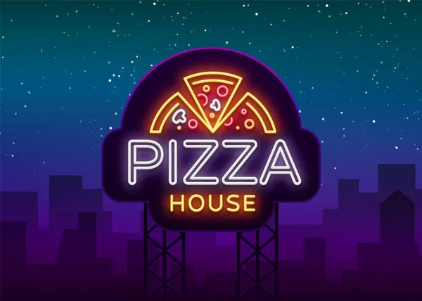 Pizza logo znak neonový nápis. Logo ve stylu neon, jasný neonové podepsat pomocí propagace italských potravin, pizzerie, občerstvení, kavárna, bar, restaurace. Rozvoz pizzy, rychlá pizza, zářící nápis. Vektorové ilustrace — Stockový vektor